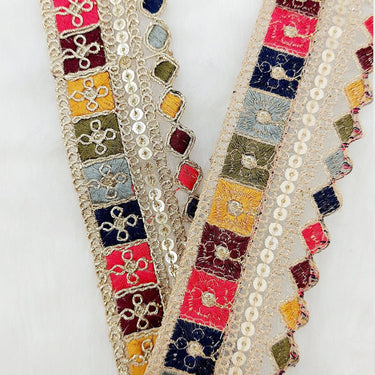 Gold Sequin Border With Multicoloured Floral Embroidery, Beige Shimmer Lace Trim, Decorative Trim